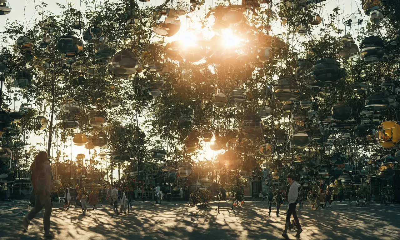 Image similar to candid photo of sunrise atmospherics in a futuristic solarpunk utopia, hanging solar gardens with animals and humans walking in peace, brilliant daylight, leica 8 k still from an a 2 4 film