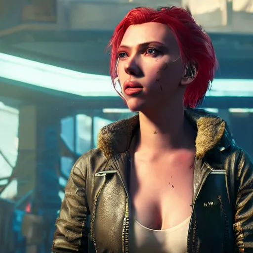 Image similar to injured scarlett johansson after a bad mission in Cyberpunk 2077. CP2077. 3840 x 2160