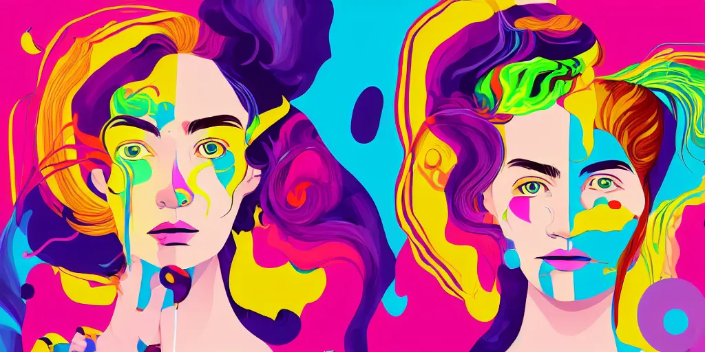 Prompt: a digital painting of a woman with colorful hair, a pop art painting by tomokazu matsuyama, behance contest winner, psychedelic art, psychedelic, 2 d, digital illustration