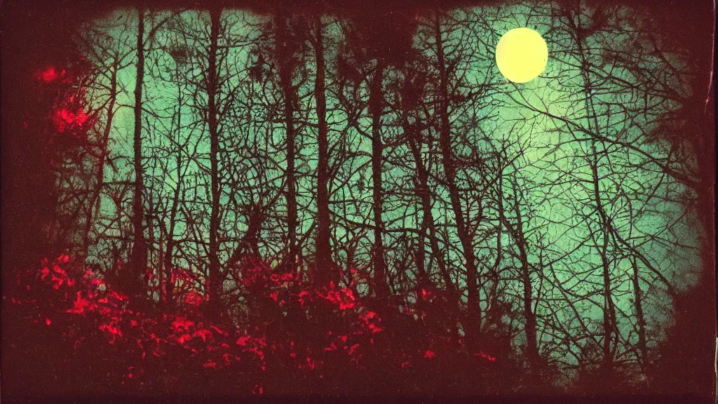 Image similar to (psychedelic) polaroid of a mystical night sky with a huge moon, A glimpse through a small gap in the foliage and overgrowth and the trees of the huge gibbous moon in a dark sky, wreathed in red smoke, starlight, night-time, dark enclosed, cozy, quiet forest night scene, spangled