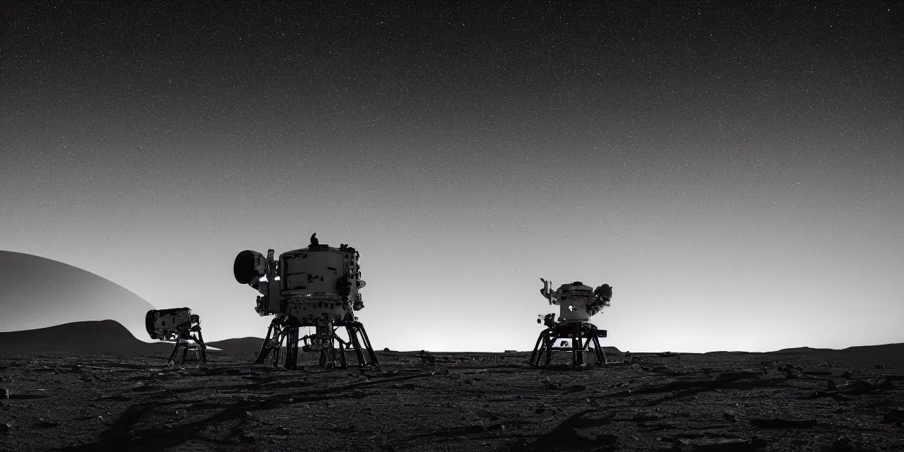 Prompt: black and white photo of a retailed spaceship landing on bright mars, black background with glowing stars and satalites, cinematic film still, high contrast, astrophotography, 4 k, 1 7 mm lens imax camera,