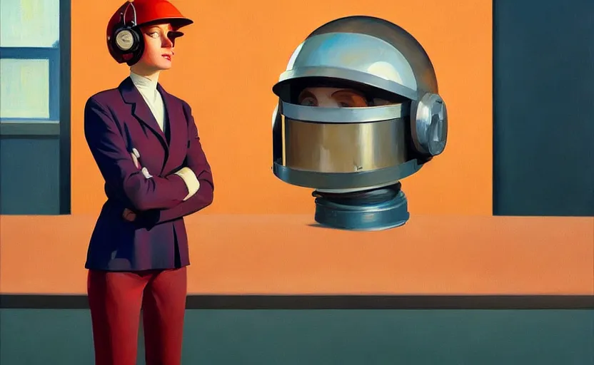 Image similar to Portrait of a woman Scientist with helmet, very coherent, painted by Edward Hopper, painted by James Gilleard, airbrush, art by JamesJean