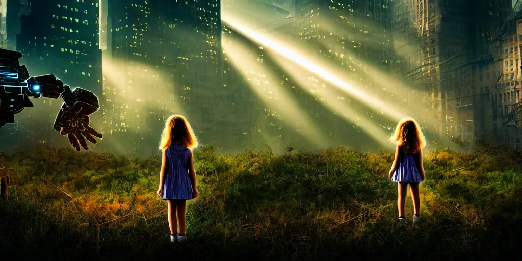 Prompt: sci - fi scene future new york city, little girl by herself in abandoned manhattan holding onto the outstretched hand of a giant robot, forest punk, little girl meets robot, crepuscular rays, epic scene, hyper realistic, photo realistic, overgrowth, cinematic atmosphere, ethereal lighting,