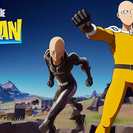 Image similar to one punch man in fortnite, character render, full body shot, highly detailed, in game render