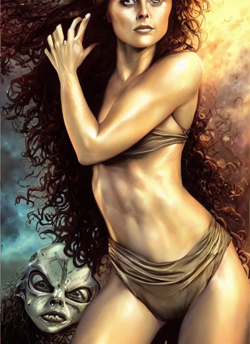 Image similar to a fantasy comic book style portrait of a stunning 19 year old woman who looks like young susan sarandon wearing a bikini made out of bones, oil painting by boris vallejo and julie bell and luis royo, full body portrait, hyper realistic, hd, intricate, elegant, character design, concept art, cinematic lighting