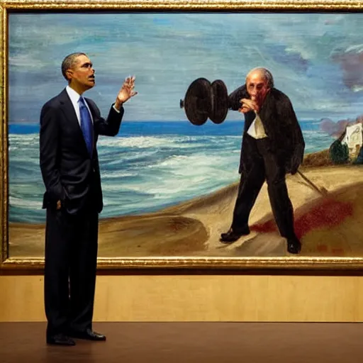 Prompt: obama shouting on skrik munch's painting, museum masterpiece, worth a lot, sothebys