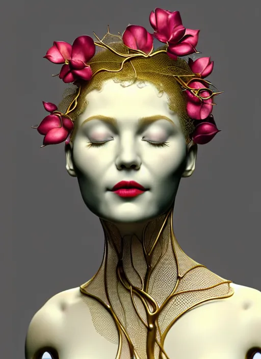 Prompt: complex 3d render ultra detailed of a beautiful porcelain profile woman face, mechanical cyborg, 150 mm, beautiful natural soft light, rim light, studio light, elegant gold details, magnolia big leaves and stems, roots, fine foliage lace, mesh wire, intricate details, hyperrealistic, mandelbrot fractal, anatomical, red lips, white metal armor, facial muscles, cable wires, microchip, elegant, octane render, H.R. Giger style, 8k