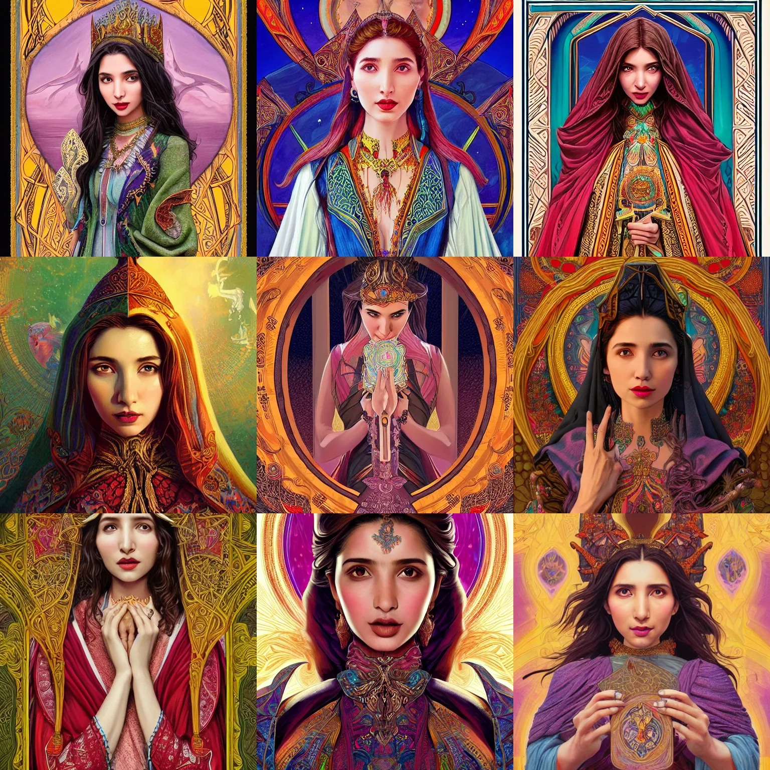 Prompt: head-on symmetrical centered painted portrait, Mahira Khan as a D&D wizard, shoulders up, ornate colourful robes, art nouveau, tarot card style, fantasy, intricate, elegant, highly detailed, smooth, sharp focus, illustration, artstation, in the style of Artgerm and Anna Podedworna and Alex Ross and Mucha