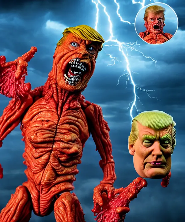 Prompt: hyperrealistic rendering, epic boss battle, cronenberg flesh monster donald trump, by art of skinner and richard corben, product photography, collectible action figure, sofubi, hottoys, storm clouds, outside, lightning