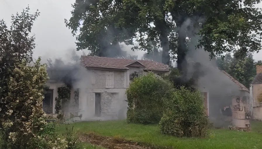 Prompt: mini dv camera footage of a heavy heavy burning french style little house, heavy rain, in a small northern french village, heavy grain, very low quality, high detail, dramatic light