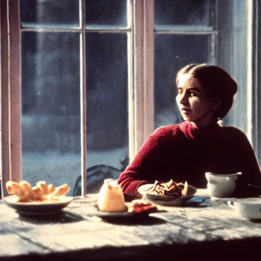 Prompt: film still of soviet movie still a soviet woman sitting at a table next to the window with food, dark warm light, a character portrait by margarita terekhova, movie stalker solaris film still by andrei tarkovsky, 8 k, close - up bokeh, gelios lens, color, noir