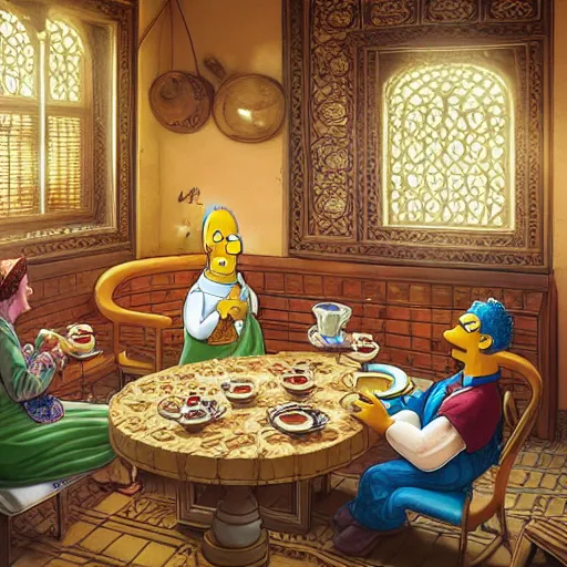 Image similar to Homer Simpson drinking tea in a Kurdish tea house, intricate, elegant, highly detailed, digital painting, artstation, concept art, matte, sharp focus, illustration, art by Artgerm and Greg Rutkowski and Enki Bilal