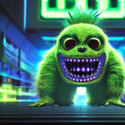 Image similar to high quality 3 d render cyberpunk very tennis ball monster highly detailed, unreal engine cinematic smooth, in the style of blade runner & detective pikachu, basil gogos, chalk, low angle, uhd 8 k, sharp focus, illustrated by basil gogos