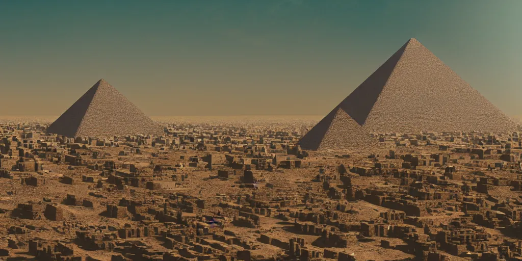 Image similar to a city in the desert with a pyramid in center, ziggurat, fantasy, hyper realistic, dramatic lighting, cinematic, 35mm lens, 8k,