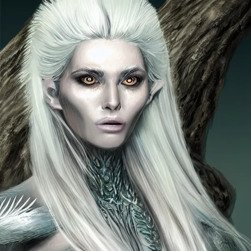 Image similar to a highly detailed portrait of a humanoid fantasy creature with white hair in a fantasy forest concept art