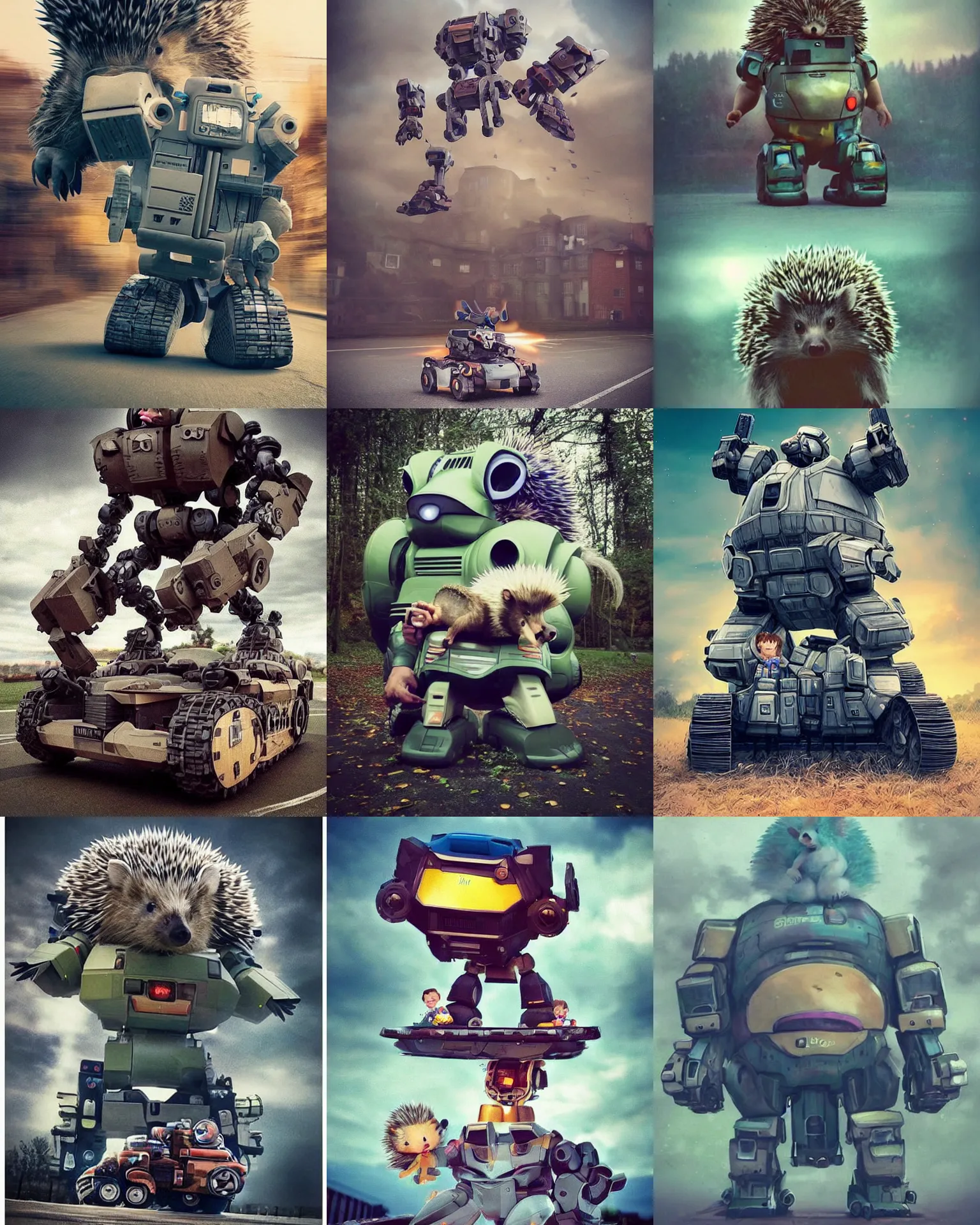 Prompt: epic pose!!! giant oversized battle hedgehog robot wacky chubby war mech winnning sport cute vehicle! double decker with giant oversized hair and hedgehog babies ,in village , full body , Cinematic focus, Polaroid photo, vintage , neutral dull colors, soft lights, foggy mist ,sunrise, by oleg oprisco , by thomas peschak, by discovery channel, by victor enrich , by gregory crewdson