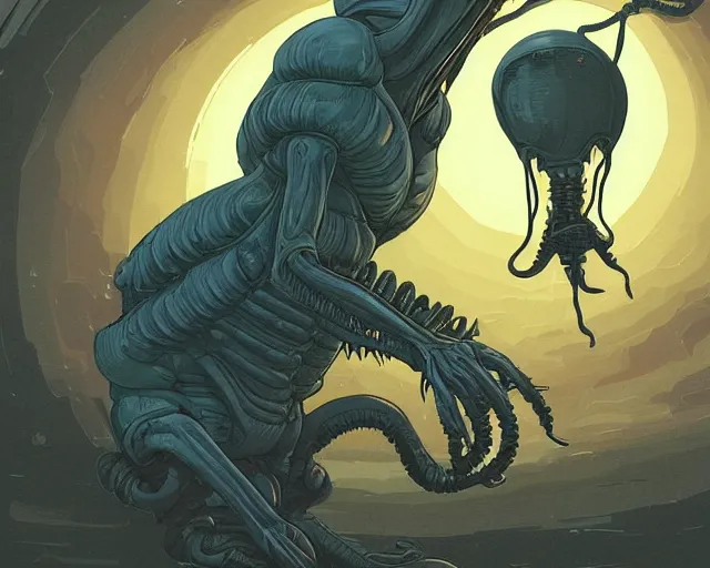 Prompt: a study of cell shaded cartoon of a xenomorph on a country road, street lamps, road, illustration, wide shot, subtle colors, post grunge, concept art by josan gonzales and wlop, by james jean, Victo ngai, David Rubín, Mike Mignola, Laurie Greasley, highly detailed, sharp focus, alien, Trending on Artstation, HQ, deviantart, art by artgem