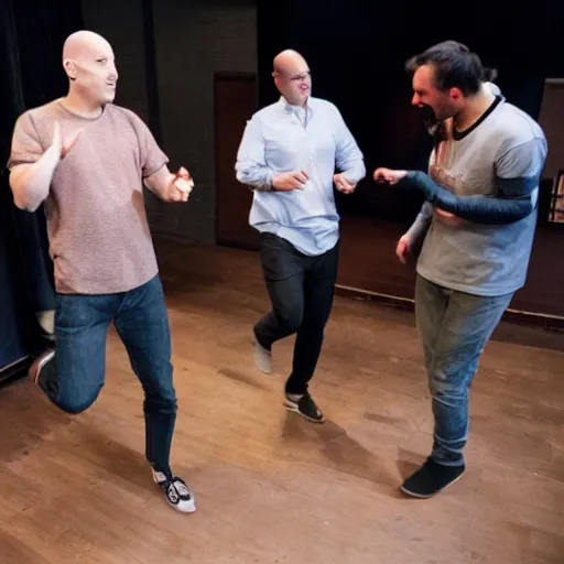 Prompt: a bald guy getting kicked out of improv class