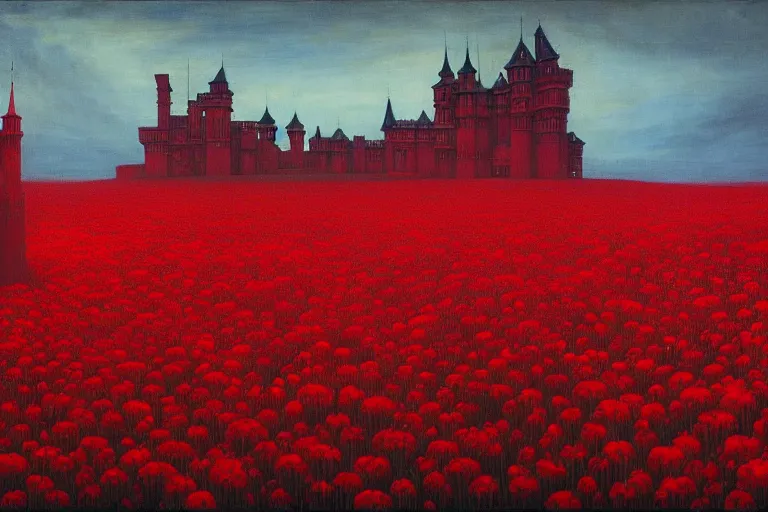 Image similar to only with red, red flowers of different types, red castle in background, red medieval goblins, in the style of beksinski, parts by edward hopper, parts by rodcenko, parts by yue minjun, intricate and epic composition, red by caravaggio, insanely quality, highly detailed, masterpiece, red light, artstation, 4 k