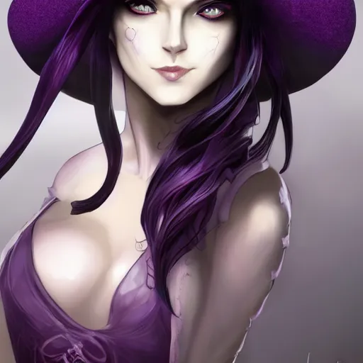 Prompt: Full-body Portrait of a female occult magician with dark purple hair, oversized witch hat, scars on face, character design, accentuated feminine features, well-endowed, realistic face, detailed face, symmetrical face, digital painting, anime visual style, game art, soft lighting, tonemapping, highly detailed, sharp focus, heavy contour lines, realism, vibrant colors, ArtStation, trending on ArtStation, DeviantArt, Zeronis