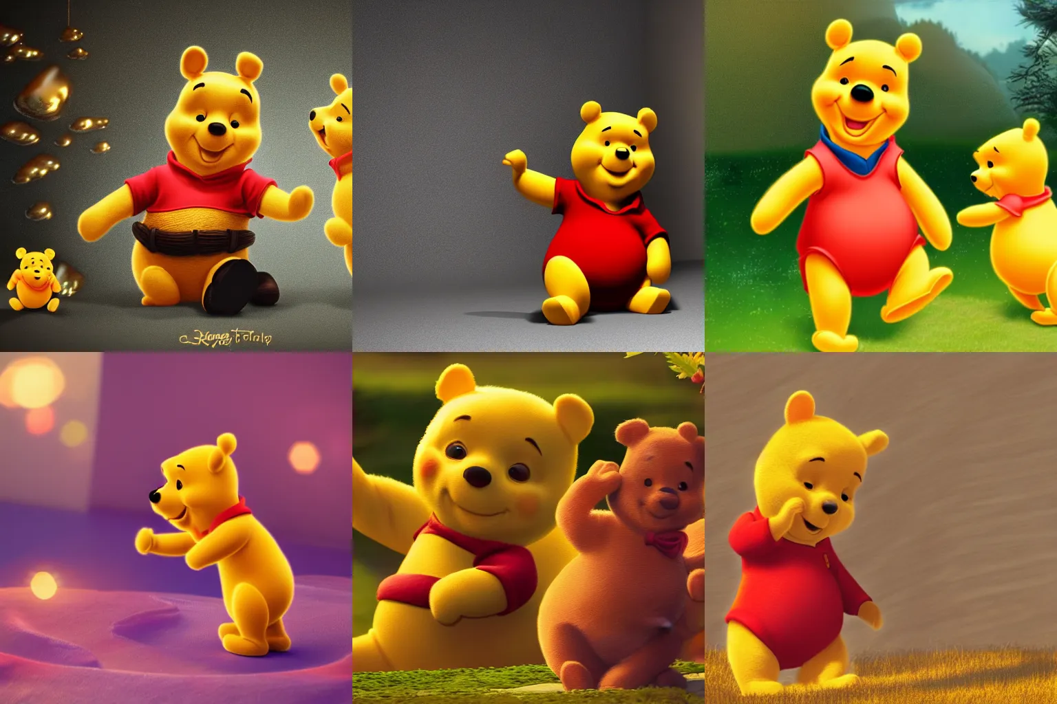 Prompt: Xi as Winnie the pooh, octane render, high particle count, warm and fuzzy