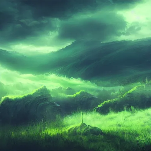 Prompt: roiling green fog clouds, artstation fantasy landscapes