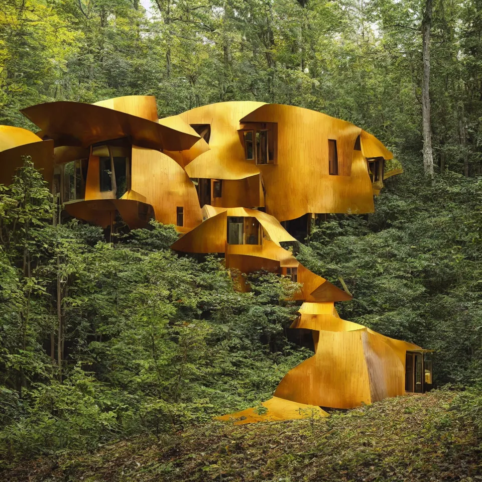 Image similar to a tiny horizontal house in a forest, designed by Frank Gehry. Big tiles. Small wooden pathway . Film grain, cinematic, yellow hue