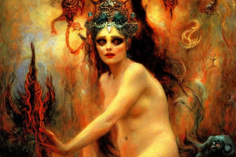 Prompt: portrait of the personification of the goddess of nightmares. art by gaston bussiere.