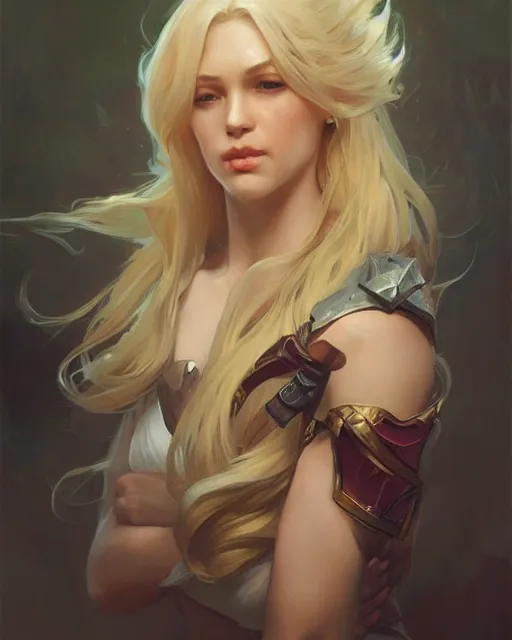 Image similar to '' Portrait of Beautiful blonde Slavic woman, league of legends, LOL, fantasy, d&d, digital painting, artstation, concept art, sharp focus, illustration, art by greg rutkowski and alphonse mucha ''