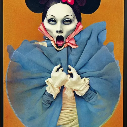 Prompt: portrait painting young woman skeleton, minnie mouse, comic book, elegant, highly detailed, painted by maxfield parrish and murakami