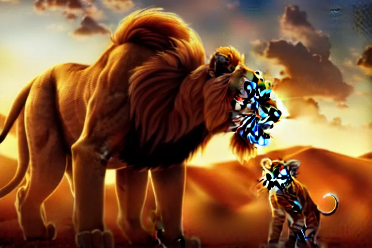 Image similar to simba ( from the lion king ), heavily armed and armored facing down armageddon in a dark and gritty version from the makers of mad max : fury road : witness me