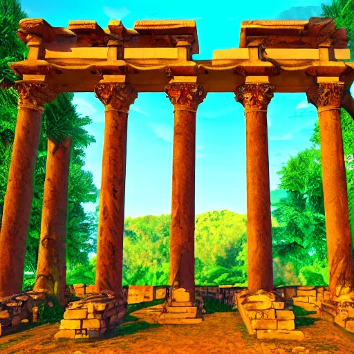 Prompt: roman structure in the forest, epic retrowave art, trending on art station