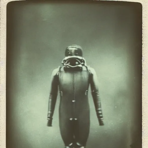 Image similar to old school diving suit, underwater picture, murky, dark, scary, 1910 polaroid