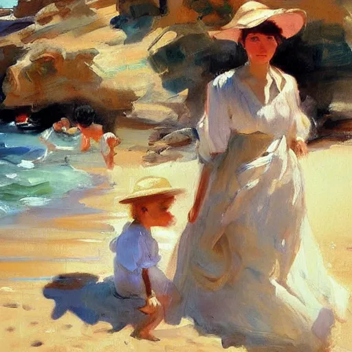 Prompt: a beautiful painting of of a woman in the beach with her family by sorolla. masterpiece, artstation