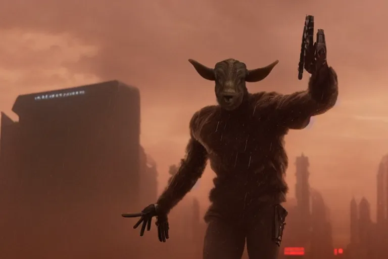 Image similar to humanoid minotaur in the movie bladerunner 2 0 4 9. cinematic wide shot in the style of cyber punk