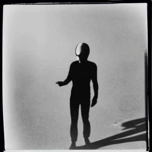 Image similar to a black and white polaroid photo of an alien meeting a human