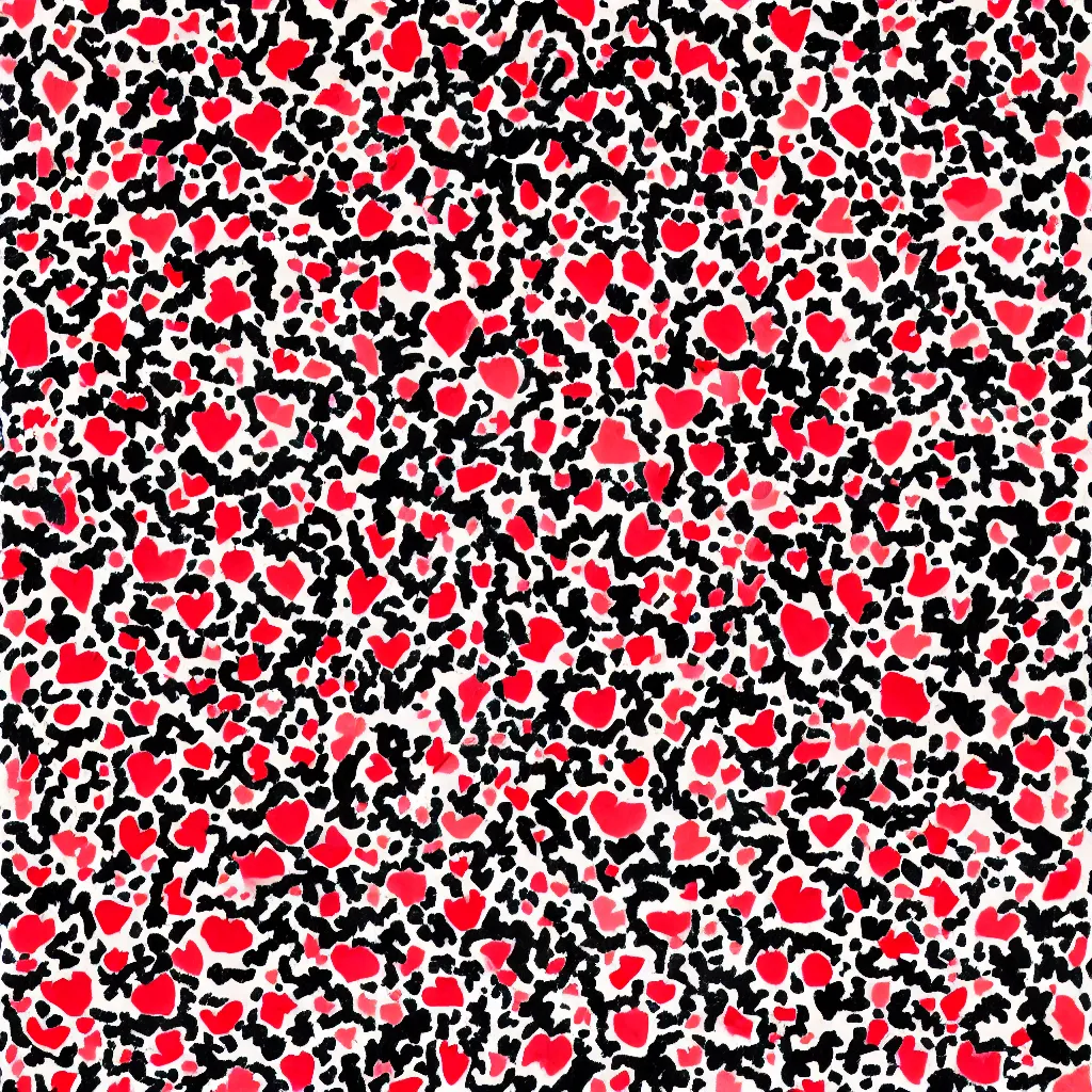 Image similar to camo made of strawberries, smiling, abstract, rei kawakubo artwork, cryptic, dots, stipple, lines, splotch, color tearing, pitch bending, color splotches, hearts, dark, ominous, eerie, minimal, points, technical, old painting