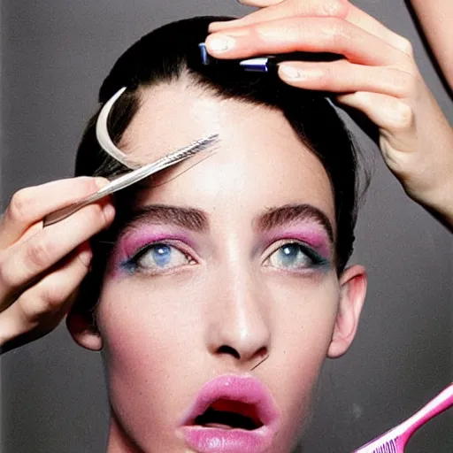 Prompt: a studio close - up portrait of a beautiful fashion model getting an haircut. surreal photograph, lo - fi, polished look, silly and serious, hermes ad, fashion photography, toiletpaper magazine, 3 5 mm photograph, colourful, by pierpaolo ferrari, maurizio cattelan, david lachapelle