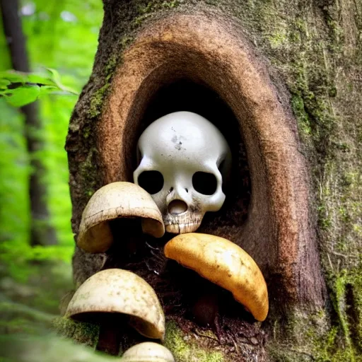 Image similar to alien mushrooms growing from a skull in the woods