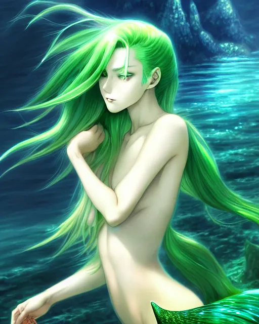 Prompt: beautiful green hair mermaid, anime style, epic underwater scenery wallpaper aesthetic, pastel colors, cinematic, dramatic, super detailed and intricate, hyper realistic, 4 k render, by artgerm, by kyoung hwan kim, by ralph mcquarrie, by yoshiyuki tomino
