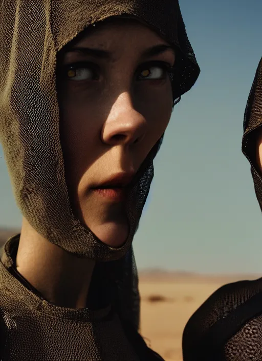 Image similar to cinestill 5 0 d photographic portrait by steve mccurry of two loving female androids wearing rugged black mesh techwear on a desolate plain of existence, extreme closeup, cyberpunk style, dust storm, 8 k, hd, high resolution, 3 5 mm, f / 3 2, ultra realistic faces, ex machina