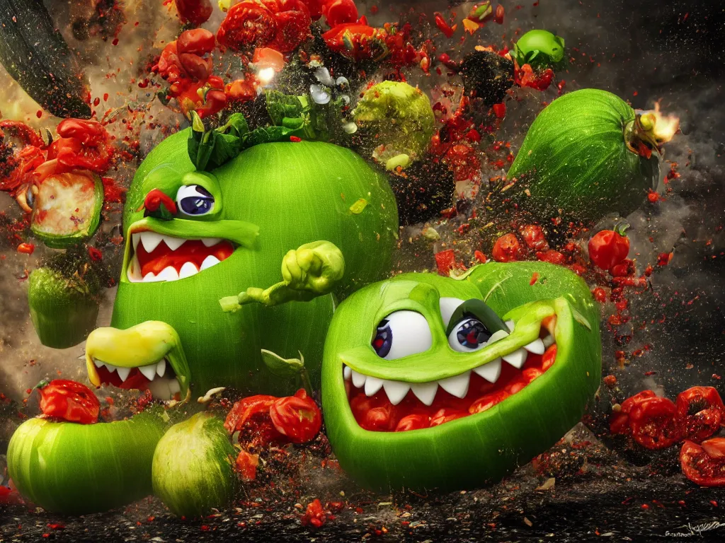 Image similar to highly detailed 3 d render of a raging mad angry zucchini character, burning scissors flying, dirt road, scared tomates scattered everywhere, high speed action, explosions, dramatic scene, hyper realistic octane render, cinematic lighting, tomato splatter, deviantart, black sky, lowbrow, surrealism, pixar still, mayhem