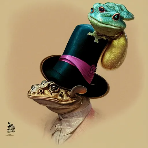 Image similar to close portrait of a fancy toad ( animal ) with a top hat, smoking a pipe, vaporwave, bedroom, highly detailed, digital painting, artstation, concept art, smooth, sharp focus, illustration, art by artgerm and greg rutkowski and alphonse mucha