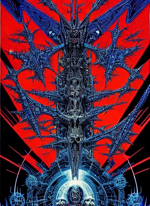 Prompt: Metal Hurlant cover by Philippe Druillet, rich deep colors. masterpiece . intricate artwork, very coherent symmetrical artwork, cinematic, hyper realism, high detail, octane render, unreal engine, 8k, Vibrant colors, Smooth gradients, High contrast, depth of field. character drawing, clean ink detailed line drawing, intricate detail, extremely detailed.