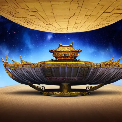 Prompt: Tang dynasty spaceship in the starry sky, kodak, fuji film, photoreal, 12k ursa, volumetric light, cinematic photograph concept art