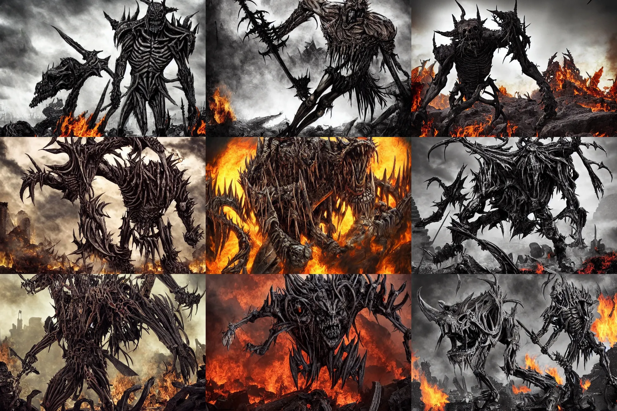 Prompt: immense, colossal skeletal demon with rotten skin and obsidian thorns. brutal. with bulging muscles. rampaging across the burning ruins of an ancient city. war. terror. death.