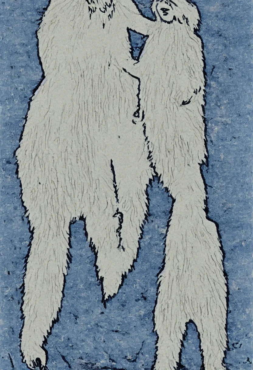 Prompt: inuit painting of one yeti standing on the tundra