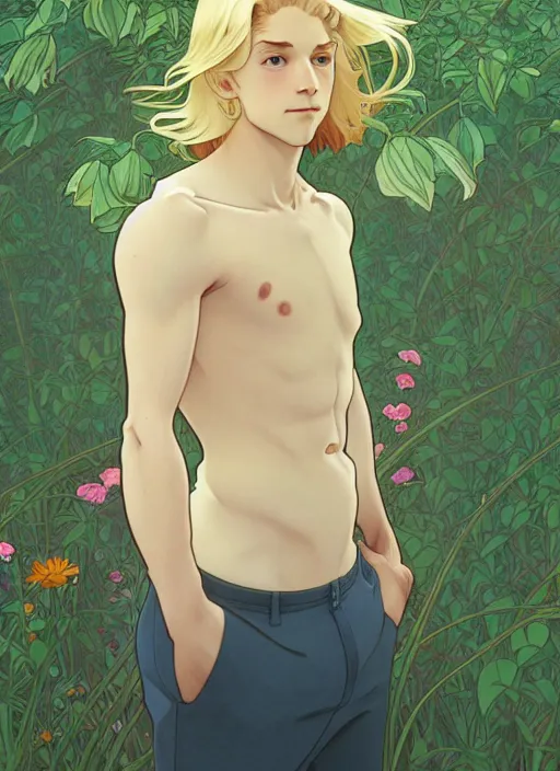 Prompt: pretty young man with shoulder length blond hair, male, half body shot, path traced, highly detailed, high quality, digital painting, by studio ghibli and alphonse mucha, leesha hannigan, hidari, art nouveau, chiho aoshima, posuka demizu