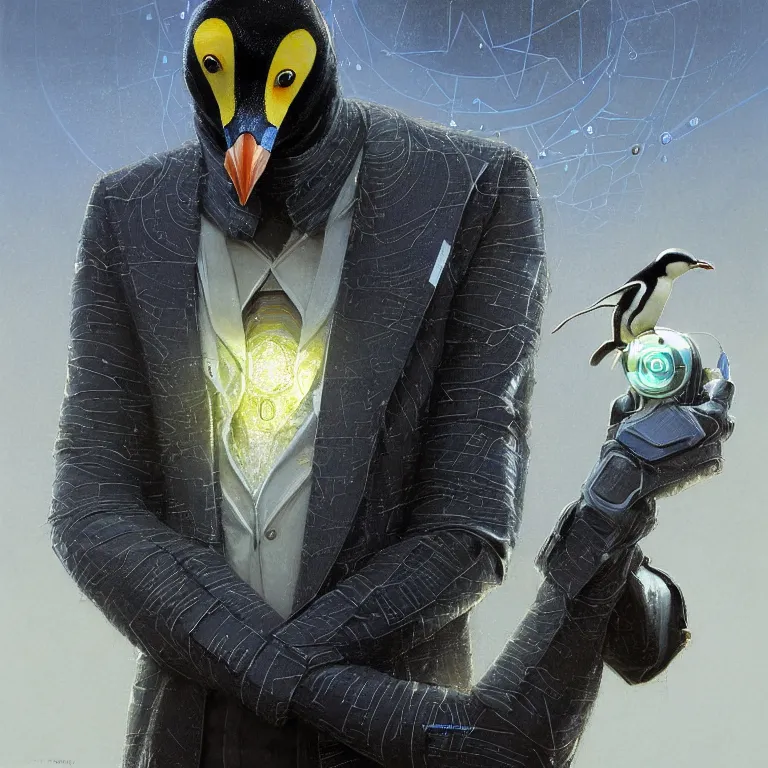 Image similar to A solarpunk very highly detailed Anthropomorphic cybertronic penguin wearing sport suit with very highly detailed face on the street of a very highly detailed solarpunk city digital rational painting art by Greg Rutkowski, sci-fi highly detailed, digital concept art, Volumetric natural light, sharp focus, Golden Ratio illustration, realistic concept art by Stephen Hickman and James Gurney and Hiromasa Ogura Ghost in the Shell rendered in VRAY, From the distance