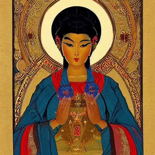 Image similar to gorgeous asian goddess drawn in russian orthodox icon style by Dragan Bibin and Frank Frazetta
